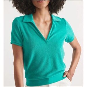 Marine Layer Women's Green Terry Cloth Polo Shirt Medium Cropped Short Sleeve